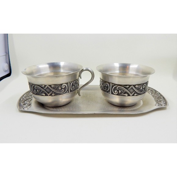 Selandia Norway Pewter Creamer Open Sugar Dish Under Tray Scrollwork Detail - Picture 3 of 14